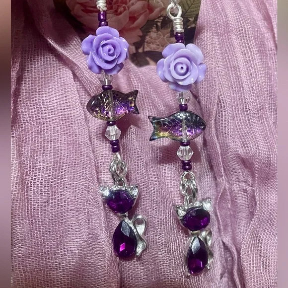 Purple Gem Cats Hand Crafted Earrings - Picture 1 of 8